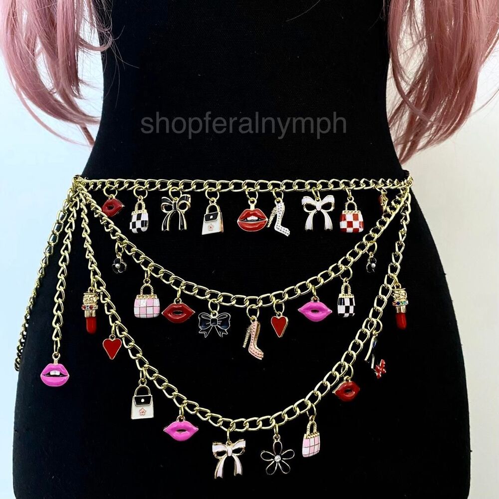 Gold Handmade Y2K Glam Charm Draped Chain Belt, Fits 16-46 Inches, X7GA1355